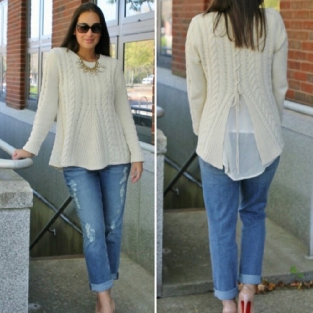 CAbi 3157 Ivory Lace Up Cable Knit Sweater Womens Medium Livie Preppy Coquette